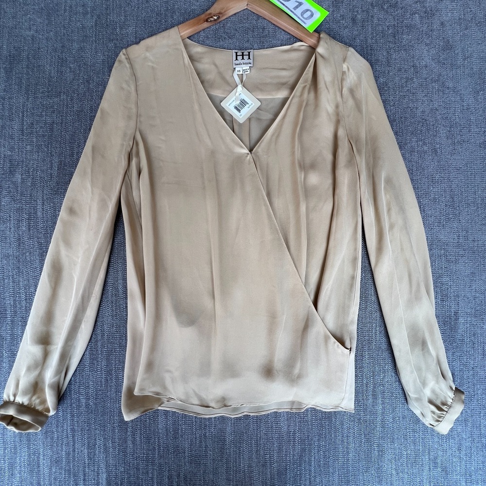 Haute Hippie Wrap Top Womens XS Champagne Silk Long Sleeve Designer Boho Career